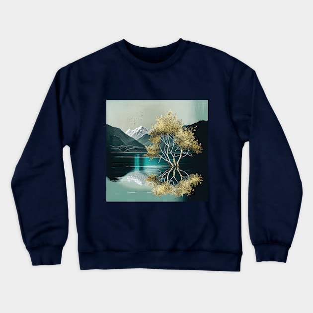 Green Mountain Lake with Golden Tree Crewneck Sweatshirt by The Art Mage